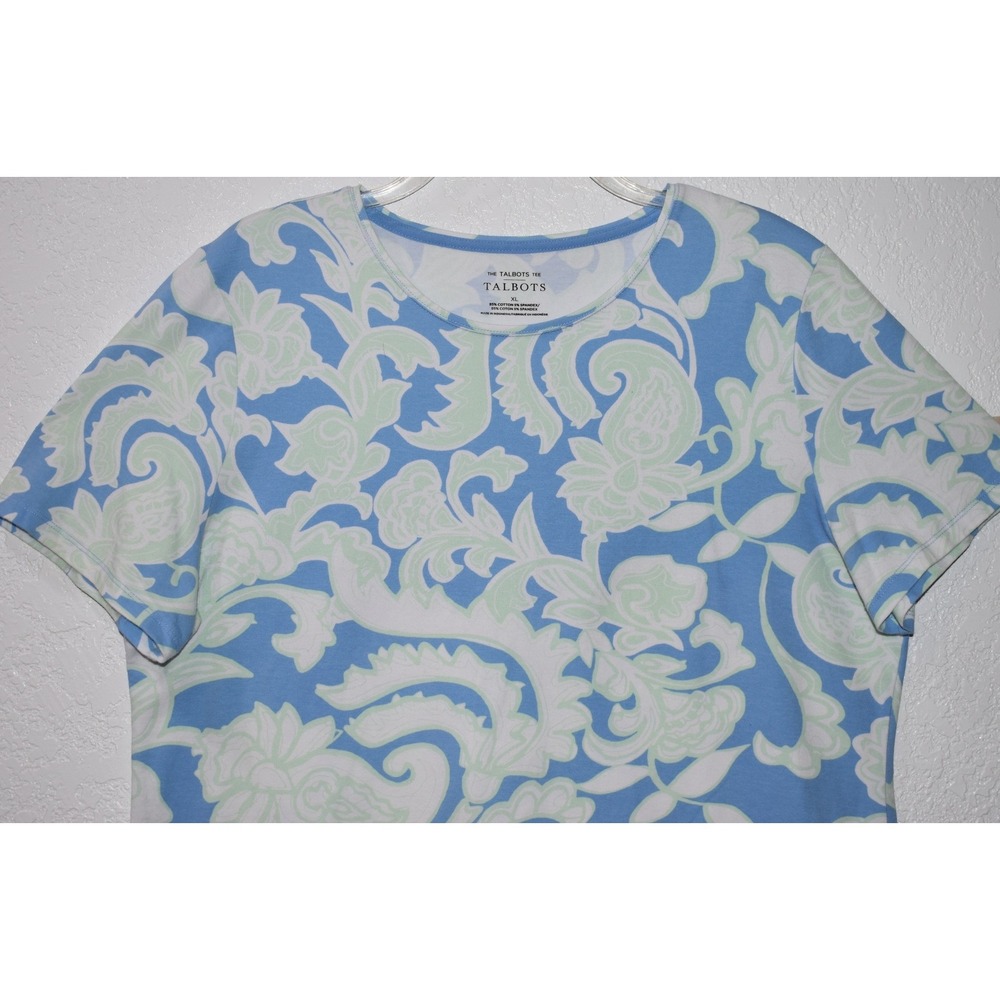 Talbots Tee XL Stretch Top Blue Mint Green Paisley Floral Short Slv Pullover - Picture 5 of 16